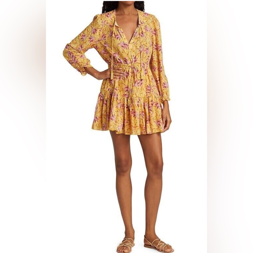 Mustard Yellow Beaded Tassle Tie Floral Print Mini Dress - Size M - Picture 1 of 4